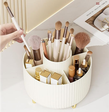 360 Degree Rotating Makeup Brush Holder Organizer Detachable Design 5 Slot Make up Brushes Cup for Cosmetics and Pencil Pen Organizer for Desk Makeup Organizer Skincare Storage for Vanity（Cream）