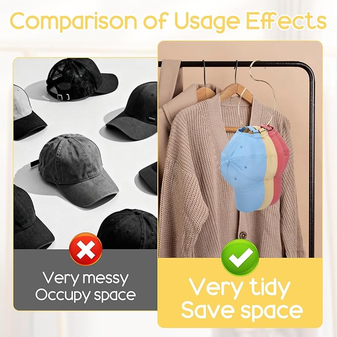 2 Pack Hat Hangers for Closet, Holds 20 Baseball Caps Space-Saving Hat Rack Organizer Sturdy Gold Cap Holder for Wall or Rod Mount