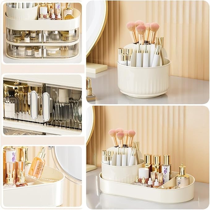Makeup Organizer for Vanity 360 Rotating Brush Holder Cosmetic Storage with Dustproof Drawer Large Countertop Skincare Display Case for Jewelry Perfume Lotions
