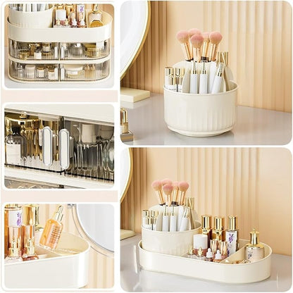 Makeup Organizer for Vanity 360 Rotating Brush Holder Cosmetic Storage with Dustproof Drawer Large Countertop Skincare Display Case for Jewelry Perfume Lotions