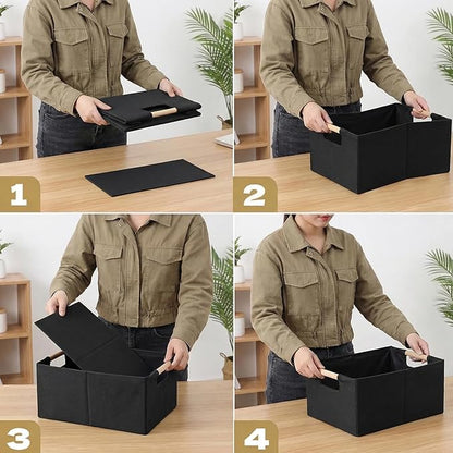 Foldable Fabric Storage Cubes, Cloth Storage Baskets with Wooden Handles, Shelf Closet Organizer Bins, Rectangular Linen Storage Boxes for Decor, 16.5 x 12.2 x 6.7 Inches