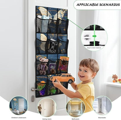 Butterfly Night Over The Door Shoe Organizers with 12 Pockets,Quick Dry Mesh Organizer Hanging for Pantry Bathroom Closet,Mesh Pocket Over the Door Shoe Organizer for RV,Pantry