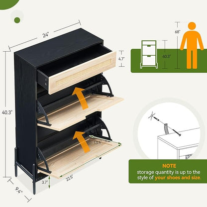 Entryway Shoe Cabinet with 2 Flip Drawers, Slim Freestanding Wooden Shoe Organizer with Linen Front Panels, Space-Saving Closed Shoe Rack for Hallway, Foyer, or Small Apartment(Black)