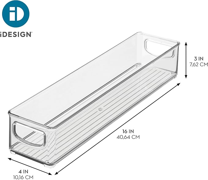 iDesign Slim Clear Plastic Storage Bin, Extra Long Narrow Stackable Organizer for Kitchen and Pantry