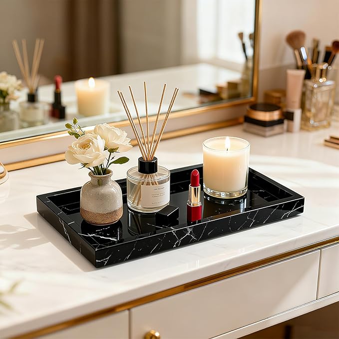 Pure Natural Marble Tray for Bathroom, Dresser, Sink. Cosmetics, toiletries, perfumes, Jewelry, Candles, etc. can be Placed (Black and White Root, 12" x 8" x 1.2")