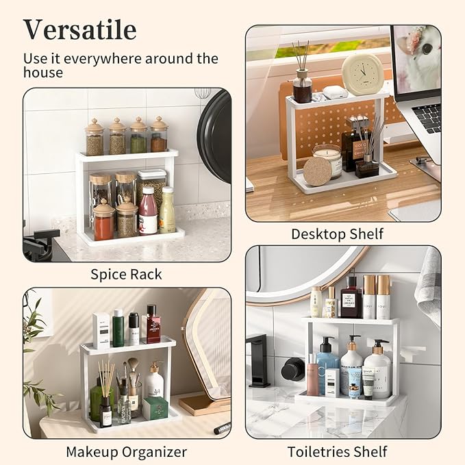 PEKER Bamboo Bathroom Organizer Countertop – Small Vanity Storage Shelf for Makeup, Perfume, Skincare – Natural Cosmetics Display Rack for Dresser, Sink, Kitchen –White