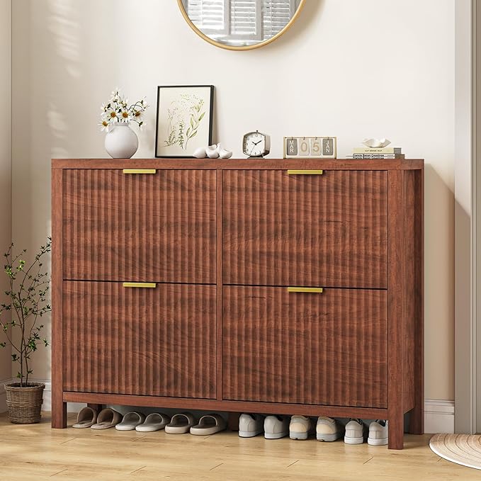 YOMILUVE Shoe Cabinet Storage for Entryway, Fluted Walnut Shoe Cabinet with 4 Flip Drawers, Hidden Shoe Rack Freestanding Wooden Shoe Organizer with Legs for Hallway