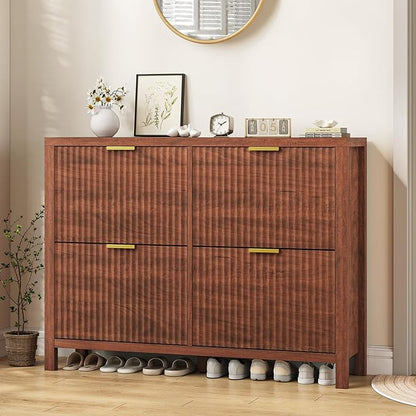 YOMILUVE Shoe Cabinet Storage for Entryway, Fluted Walnut Shoe Cabinet with 4 Flip Drawers, Hidden Shoe Rack Freestanding Wooden Shoe Organizer with Legs for Hallway