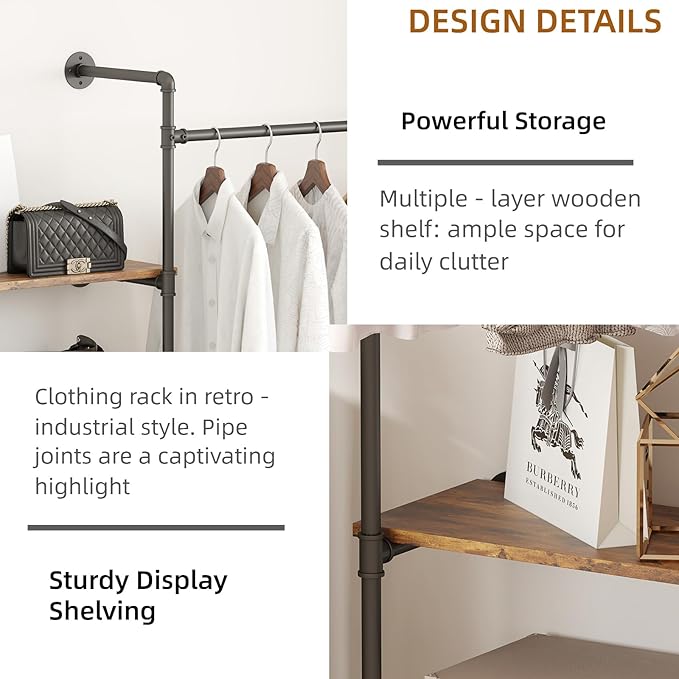Industrial Pipe Clothing Rack, Heavy Duty Adjustable Garment Hanger with Shelves, 2 Installation Methods Closet Storage System for Wardrobe Organization (Black, 80" H x 86" W)