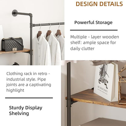 Industrial Pipe Clothing Rack, Heavy Duty Adjustable Garment Hanger with Shelves, 2 Installation Methods Closet Storage System for Wardrobe Organization (Black, 80" H x 86" W)