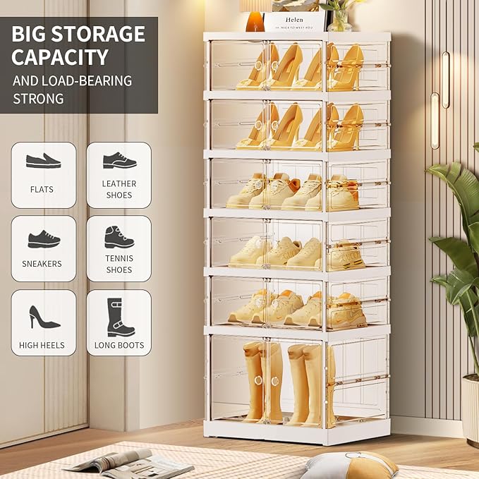 CIMLORD 6-Tier Foldable Shoe Rack for Closet Entryway 6-12Pairs,Stackable Clear Shoe Storage Boxes Organizer with Door Plastic Small Shoe Cabinet Bins with Lids Shoes Shelf Easy Assembly White