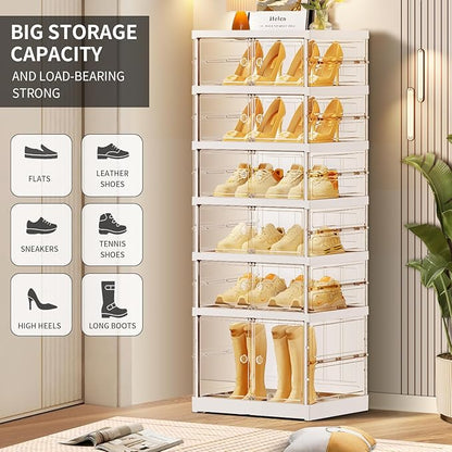 CIMLORD 6-Tier Foldable Shoe Rack for Closet Entryway 6-12Pairs,Stackable Clear Shoe Storage Boxes Organizer with Door Plastic Small Shoe Cabinet Bins with Lids Shoes Shelf Easy Assembly White
