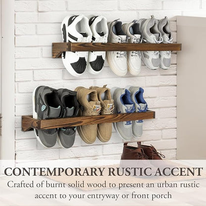 MyGift 30 Inch Rustic Burnt Solid Wood Hanging Shoe Rack, Wall Mounted Storage Organizer Footwear Holder for Closet, Mudroom, Entryway, Holds 6 Pairs, Set of 2