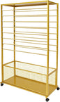 Commercial Ribbon Holder Organizer w/ 16 Rods & Locking Wheels - 59" Mobile Craft Storage for Florists, 4-Tier w/Mesh Basket (Gold, 39.37 * 12.6 * 59.06in)