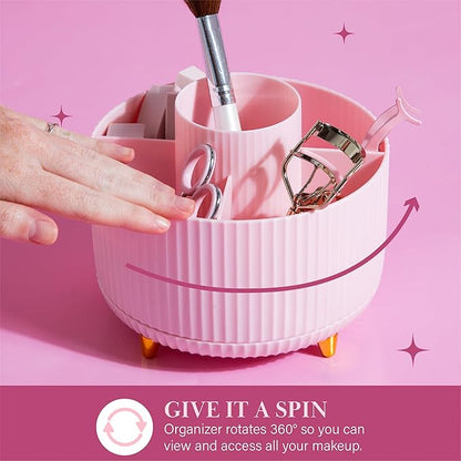 Paris Hilton 360° Rotating Makeup Brush Holder, Fluted Design with 5 Compartments, Glam Organizer for Brushes & Tools, Pink