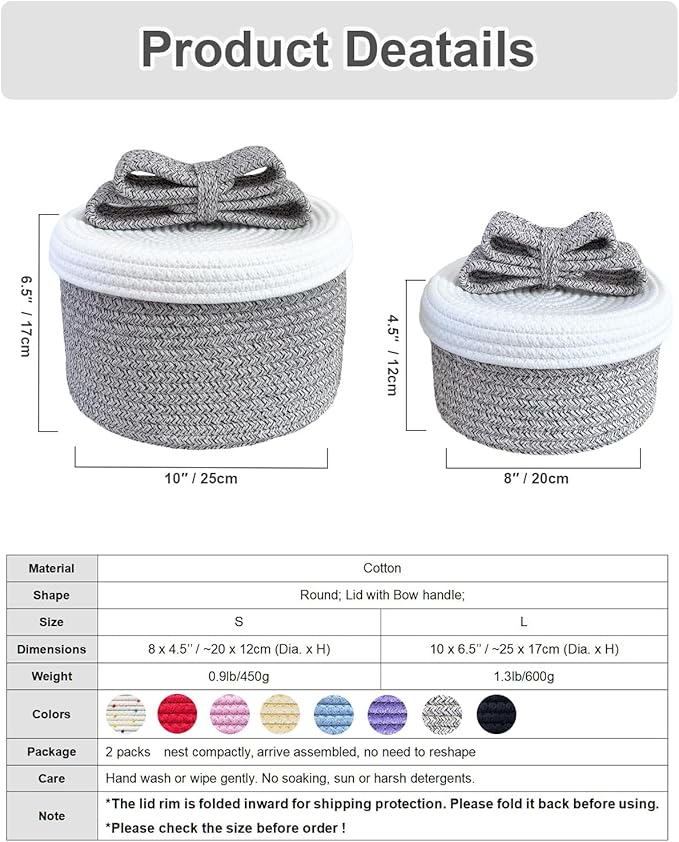 Decorative Storage Baskets with Lids, Small Woven Rope Basket with Lid, Decorative Basket for Home Decor, Dog Toy Storage Baskets with Cute Bow Handle, grayish-brown