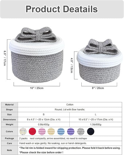 Decorative Storage Baskets with Lids, Small Woven Rope Basket with Lid, Decorative Basket for Home Decor, Dog Toy Storage Baskets with Cute Bow Handle, grayish-brown