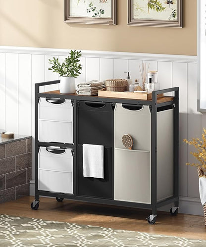 HOOBRO Laundry Sorter with 4 Section, 39 Gal. (147 L) Laundry Hamper with Wheels, Rolling Laundry Basket with Shelf, Pull-Out Detachable Bags, Side Pockets, Rustic Brown, Black and Beige BFE14XY01N1