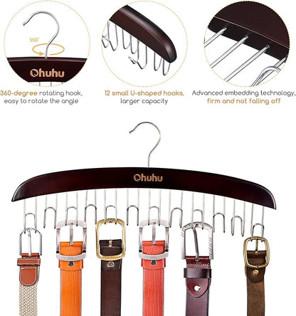 Belt Hanger Organizer for Closet: Ohuhu 12 Hooks Max 36 Belts Tie Rack Wooden Belt Holder for Storage 360 Degree Rotating Space Saver Organizer for Men Women Belt Tie Scarf Accessories-Walnut