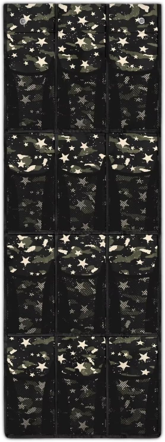 Camouflage Star Over the Door Shoe Organizer 12 Large Mesh Pockets Hanging Shoe Rack for Closet Foldable Shoe Organizer Door Hanger