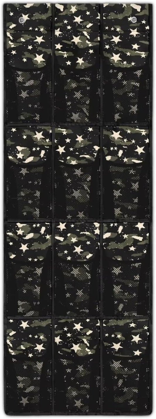 Camouflage Star Over the Door Shoe Organizer 12 Large Mesh Pockets Hanging Shoe Rack for Closet Foldable Shoe Organizer Door Hanger