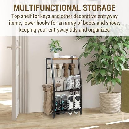 MyGift Acacia Wood & Black Metal Entryway Organizer: 2-in-1 Shoe Rack with Shelf & Boot Storage for 8 Pairs - Rustic Modern Entry Table with Adjustable Feet (Foyer/Mudroom/Garage)