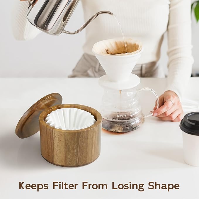 Coffee Filter Holder, Acacia Wood Filter Storage Container for Counter, Coffee Bar Accessories for Home Decor