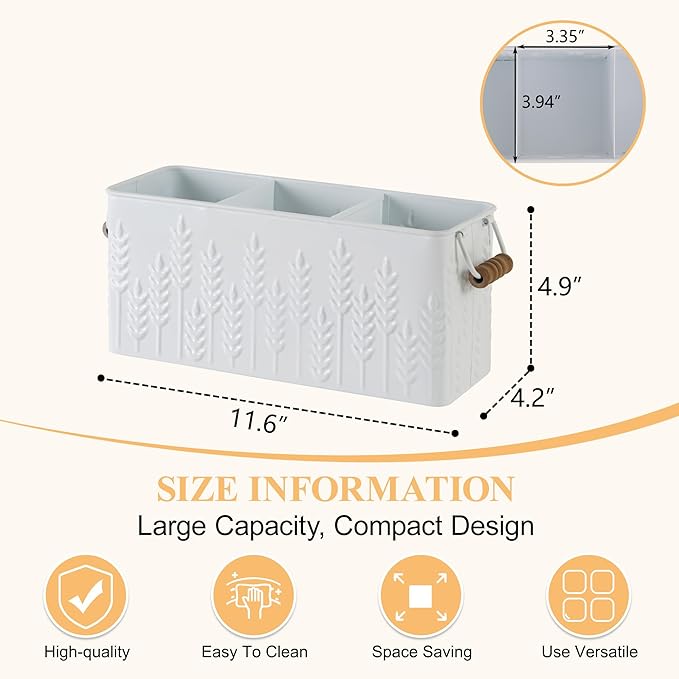 Silverware Caddy for Party Kitchen Flatware Holder for Countertop Metal White Ear of Wheat Pattern Embossed Cutlery Organizer with 3 Compartments for Utensils, Spoons, Knives, Forks