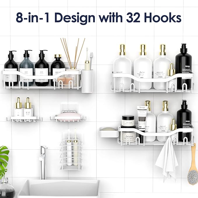 NESOMI Shower Caddy Adhesive Shower Organizer 8-Pack, Rustproof Stainless Steel Bathroom Shelves, Large Capacity No-Drill Rack Storage Accessories with Soap Dish Toothbrush Holder Hooks