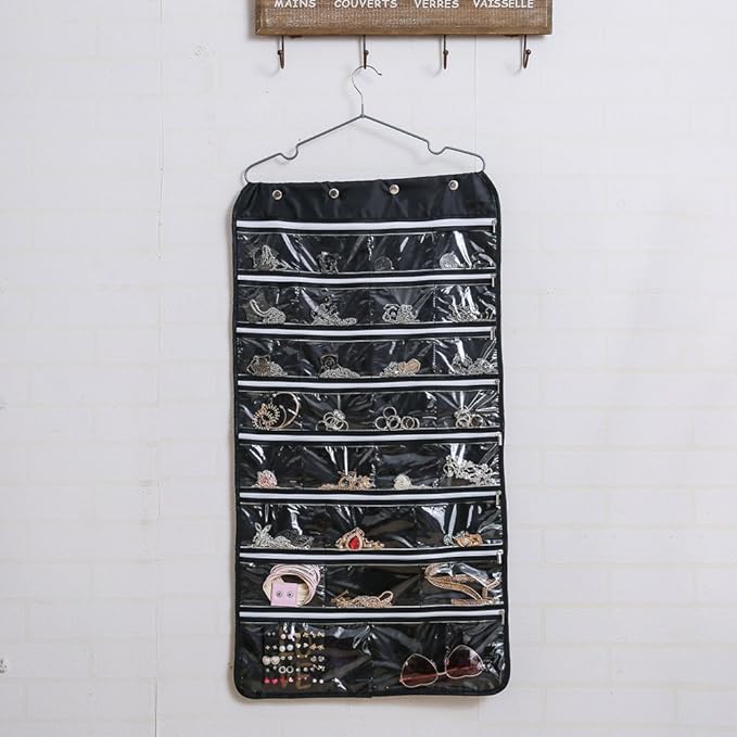 56 Pockets Large Zippered Dual Sided Jewelry Hanging Organizer Necklace Earrings Bracelets Rings Accessories Storage Bag Wall Mounted Door Cabinet Hanger Holder Clear Pouch Display Foldable