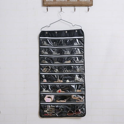56 Pockets Large Zippered Dual Sided Jewelry Hanging Organizer Necklace Earrings Bracelets Rings Accessories Storage Bag Wall Mounted Door Cabinet Hanger Holder Clear Pouch Display Foldable