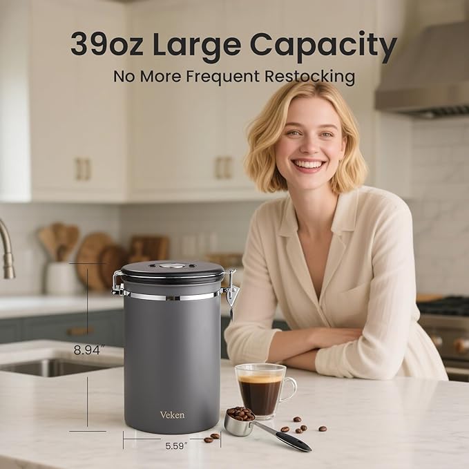 Veken Coffee Canister, 39OZ Large, Airtight Stainless Steel Food Storage Container for 2.2lbs Coffee Beans,Ground,Sugar,Espresso,Rice,Tea,Flour,Pod Baskets,Kitchen Bar Accessories,Lids,Jars,Gifts,Gray
