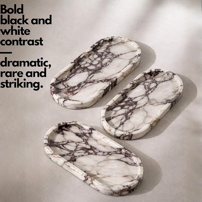 Calacatta Noir Marble Oval Bathroom Vanity Tray – 12”x6” Black Marble Tray for Countertop, Perfume & Jewelry Display | Solid 2cm Thick Luxury Stone Tray