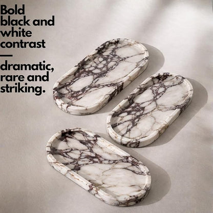 Calacatta Noir Marble Oval Bathroom Vanity Tray – 12”x6” Black Marble Tray for Countertop, Perfume & Jewelry Display | Solid 2cm Thick Luxury Stone Tray