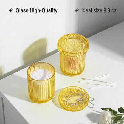 2 Pack Qtip Holder - Apothecary Jars with Lids, Bathroom Organizers and Storage Canister for Cotton Balls,Swabs,Floss Picks,Hair Ties,Clear Glass Vintage Bathroom Decor Jar Set (yellow)