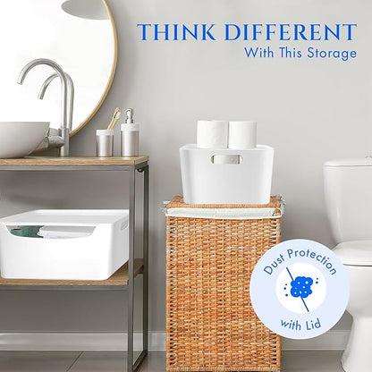 White Small Storage Bins with Lids 2 Pack for Organization for Pantry Bathroom Shelves Closet Cabinets, Stackable Plastic Storage Basket with Lid, Lidded Organizing Bin Containers for Shelf and Crafts