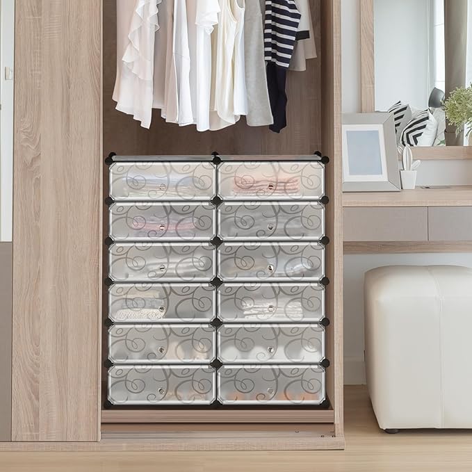 COSTWAY Shoe Rack Organizer, 6 Tier Shoe Shelves with Covers, DIY Design, 24-Pair Stackable Cube Organizer Boxes, Freestanding Shoe Cabinet for Entryway Bedroom Closet Hallway (White)