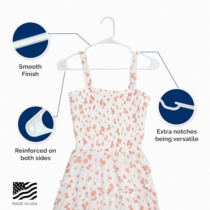 Plastic Hangers 50 Pack, Strong Space Saving Clothes Hanger, Made in USA, Perfect Shirt or Coat Plastic Hanger, with Shoulder Grooves, White, Notched