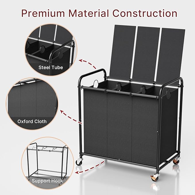 180L Laundry Sorter 3 Section – Heavy Duty Rolling Laundry Basket with Lockable Wheels and Lid, 3 Large Separate Removable Bags, Laundry Hamper Cart for Laundry Room Organizer