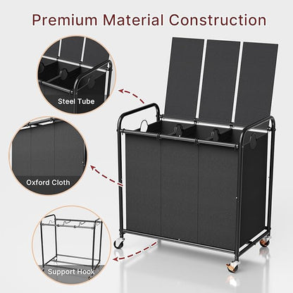 180L Laundry Sorter 3 Section – Heavy Duty Rolling Laundry Basket with Lockable Wheels and Lid, 3 Large Separate Removable Bags, Laundry Hamper Cart for Laundry Room Organizer