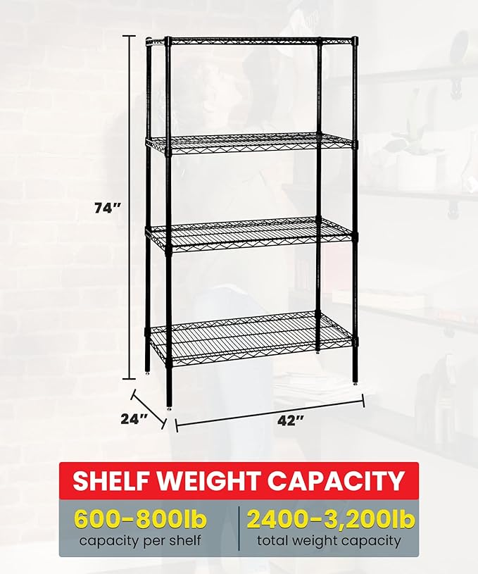 QUANTUM STORAGE SYSTEMS WR74-2442BK Starter Kit Wire Shelves Black Epoxy 4 Shelves 74" H x 42" W x 24" D