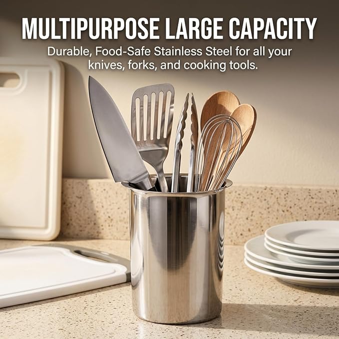 Yosoo Health Gear Kitchen Utensil Holder Spoon Fork Holder Storage Bucket, Multipurpose Large Capacity Utensil Crock for Countertop, Stainless Steel Utensil Holder 4.5*4.5*5.4in (Without Holes)