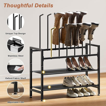 Free Standing Shoe Racks, 4-Tier Boot Rack Organizer for Tall Boots, Sneakers, High-Heel, Black Metal Shoe Storage for Dorm Room, Closet, Entryway, Hallway, Black, Holds 6 Pairs