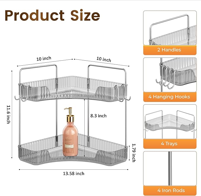 Corner Counter Organizer, 2-Tier Bathroom & Kitchen Storage Tray with Hooks | Clear Vanity Organizer for Skincare, Makeup & Jewelry