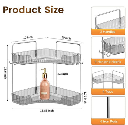 Corner Counter Organizer, 2-Tier Bathroom & Kitchen Storage Tray with Hooks | Clear Vanity Organizer for Skincare, Makeup & Jewelry