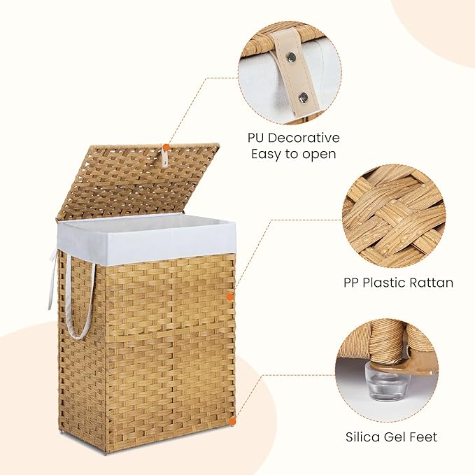 DUMOS Woven Laundry Basket with Lid, 90L Large Capacity Hamper, Removable & Machine-Washable Liner, Foldable Rattan Clothes Hamper, Sturdy Steel Frame, Odor Control, Goose Yellow