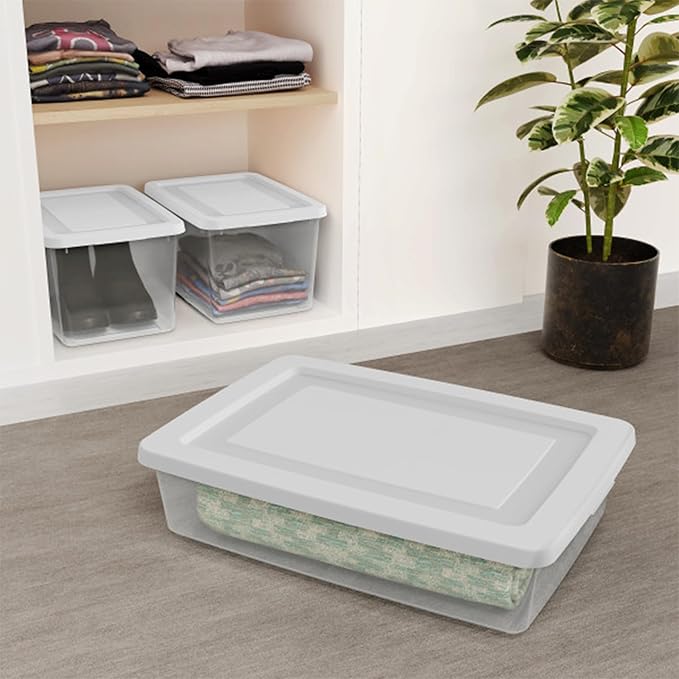 Sterilite 12 Pack Storage Boxes, Clear Plastic Stackable Containers, Lightweight Home Organizers with Snap Lids, 20 Quart, White