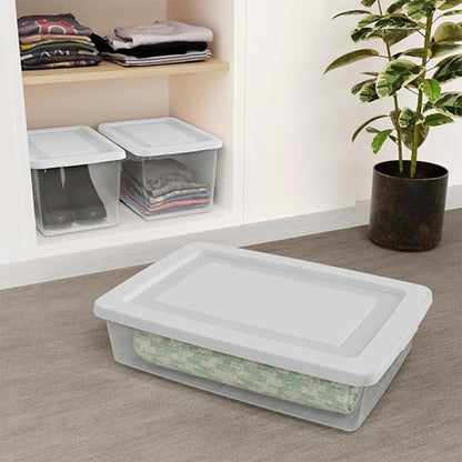 Sterilite 12 Pack Storage Boxes, Clear Plastic Stackable Containers, Lightweight Home Organizers with Snap Lids, 20 Quart, White