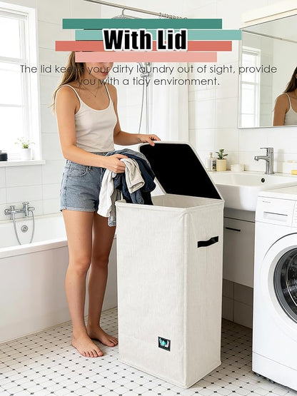 WTREE Laundry Hamper with Lid, Reinforced Sturdy Clothes Hamper with Anti-Puncture Base, Large Collapsible Laundry Basket with Removable Liner Bag, Tall Dirty Clothes Bin for Family, 100L Cream