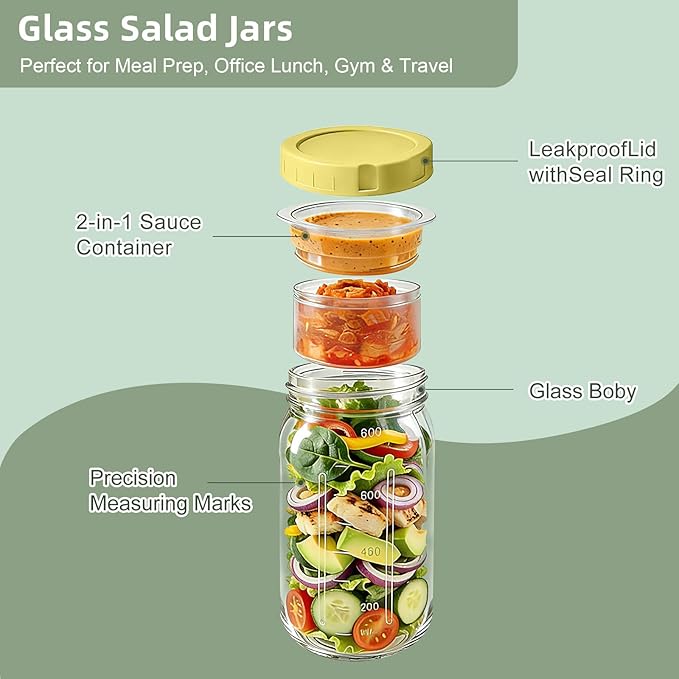 6 Pack Glass Salad Jars with Dressing Cups for Meal Prep, 32oz Leakproof Mason Jars Container with 2 Built-in Compartments for Wet/Dry Separation, Portable Salad Pod for Lunch (6)
